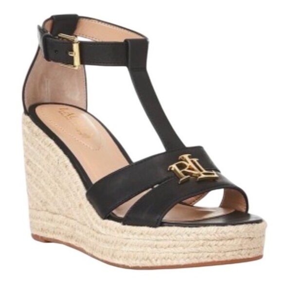 Ralph Lauren Hale Black Leather Espadrille Wedge Sandals Size 8.5 Buckle LRL - Picture 1 of 10